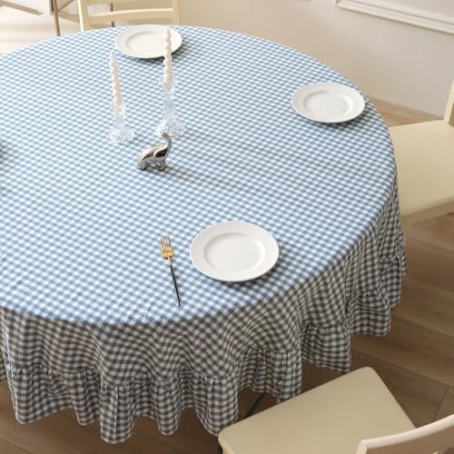 K MASANIJI Dust Blue Plaid Ruffled Table Cloth Round Cover, 100% Washed Cotton Farmhouse Checker Gingham Vintage Decorative Tablecloth - Dia.70in by K MASANIJI - Used condition - Image 4