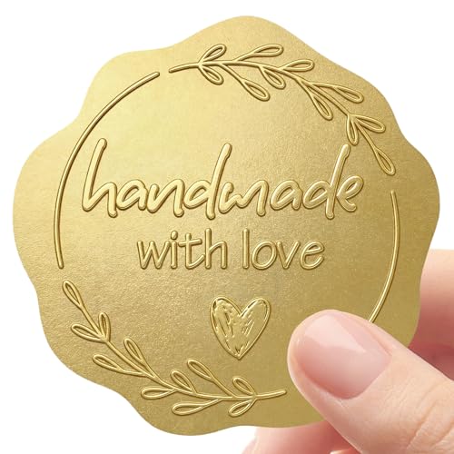 Handmade with Love Gold Foil Stickers, Pack of 100 Embossed Matte Gold Seals for Bakery Packaging, Treat Bags, Pastry Boxes, Small Business Thank You Labels for Gift Wrapping, 1.7 Inch (Gold)