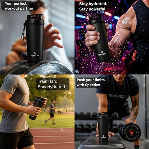 Image of Speedex Stainless Steel Gym Shaker Bottle 750ml with Mixing Ball & Towel for Men & Women | Leakproof Protein Metal Shaker for Gym, Wide Mouth, Measurement Markings, Carry Loop Flip Cap - Black