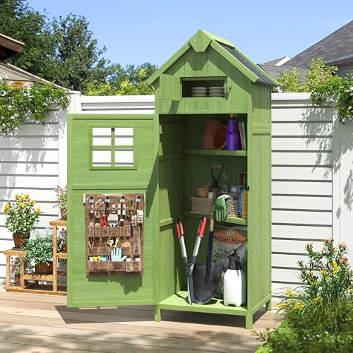 Aoxun Wooden Shed Outdoor Storage Cabinet with 2 Shelves and Roof Hatch Small Garden Shed with Asphalt Roof Window and Door Latch 76 x 54.2 x 173 cm Green