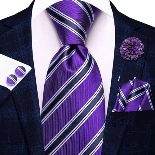 Image of Hi-Tie Navy Purple Ties for Men Silk Business Necktie Striped Mens Tie and Flower Lapel Pin Pocket Square Cufflinks Set