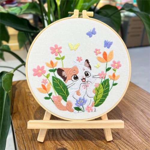 Image of Meecaa Cat Flowers Animals Butterfly Embroidery Kit Starter Set, Hand Embroidery Set,Pattern Printed Cross Stitch Set for Beginner Adults, with Embroidery Hoop and Instructions (Flower 8)