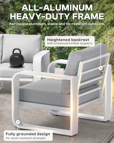 Image of Oversized Aluminum Outdoor Furniture Set, Extra Large Patio Furniture Sofa Set 4.8 inch Widened Armrest & Ultra-Thick Cushions, 4 Pcs Modern Patio Sectional for Backyard, Deck, White