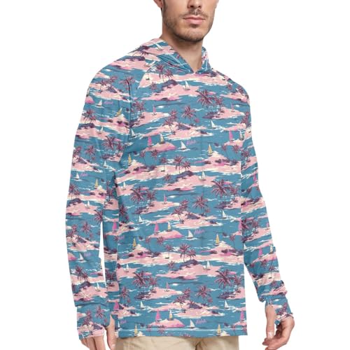 Hawaii Turquoise Tropical Sun Shirt Hoodie for Men Long Sleeve Sun Shirt with Hood UPF 50+ Sunproof Shirts Rash Guard Men