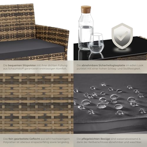 tectake® Rattan Gartenmöbel Set, Outdoor Lounge Möbel,1x Gartenbank, 2X Stuhl, 1x Balkontisch, mit Outdoor Kissen wetterfest, Balkonmöbel Kleiner Balkon, Lounge Gartenmöbel, Terrassenmöbel - Natur 5