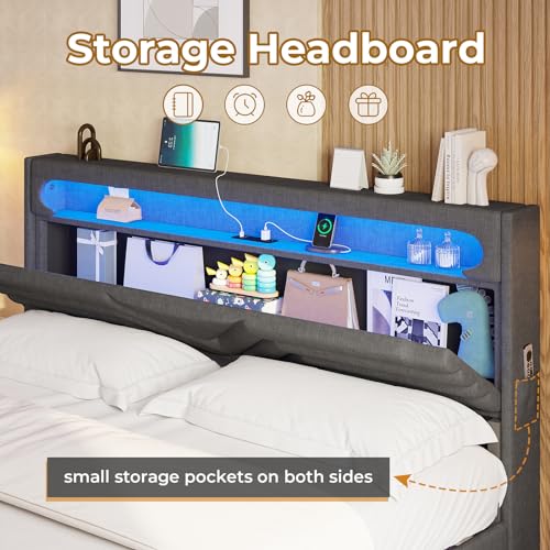 Image of HAUOMS LED Floating Bed Frame Full Size with Storage Headboard,Dark Grey