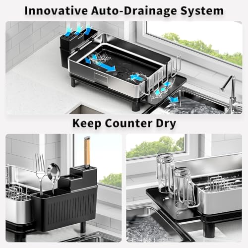 Image of Ewaiira Dish Drying Rack, 304 Stainless Steel Dish Racks for Kitchen Counter, Dish Drainers with Automatic Drainage, Utensil Holder & Cups Holder, Space Saving Kitchen Organizer, Black