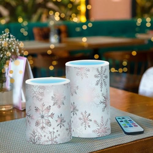 Image of Christmas Lights Flameless Candles Seamless Pattern Rose Gold Snowflakes Pillar Candles Set of 2 Battery Operated Remote Control Warm Lights Home Decor