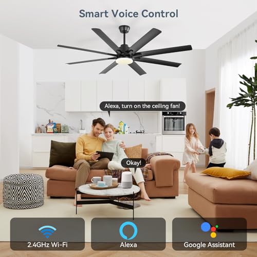 Image of Sofucor 52 Inch Ceiling Fans with Lights, Smart Indoor /Outdoor Ceiling Fan With Remote, Work with Alexa /Google, Quiet Reversible DC Motor, 6-Speed, 8 Blade Black Ceiling Fans for Patio Bedroom Garage