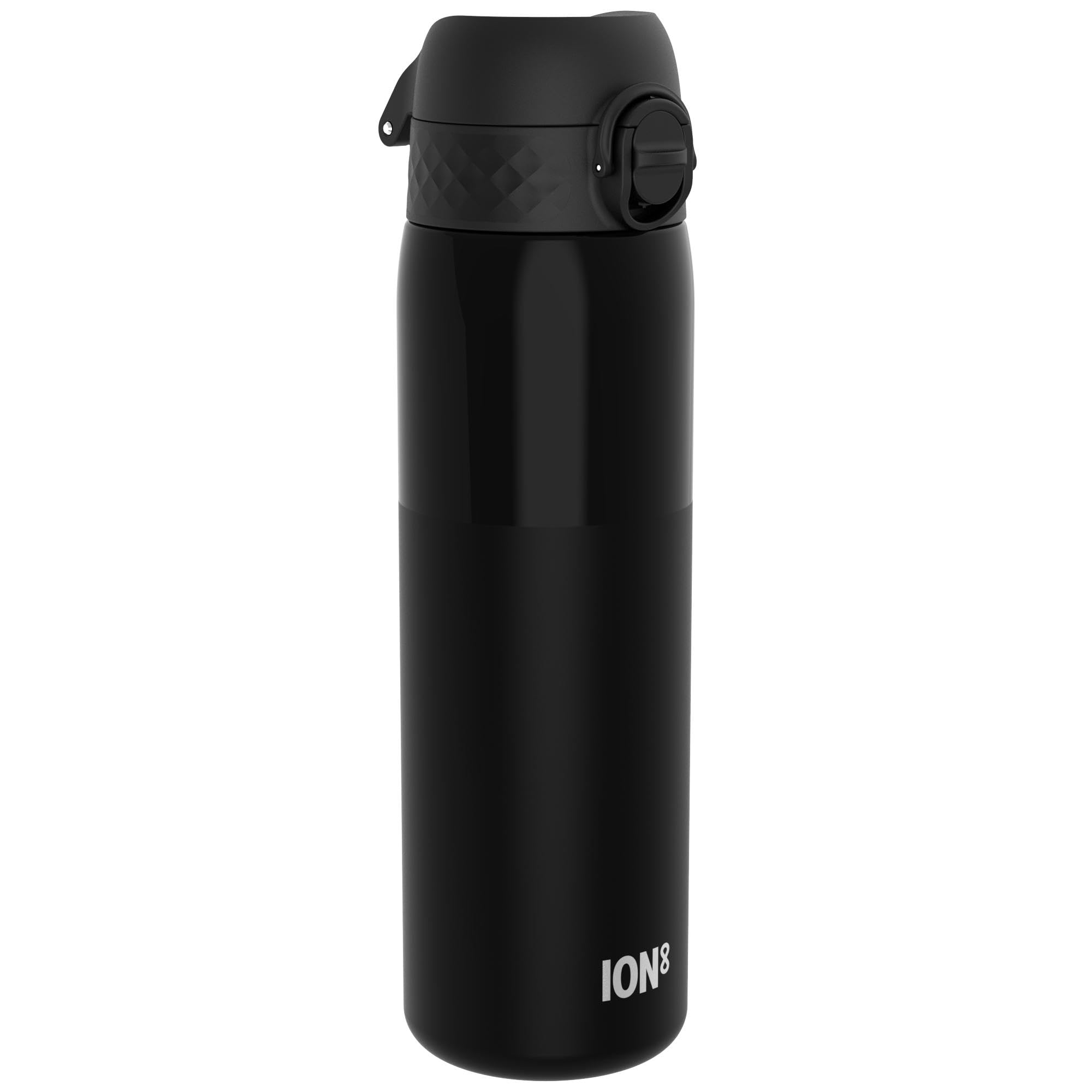 Ion8 Water Bottle, 500 ml/18 oz, Leak Proof, Easy to Open, Secure Lock, Dishwasher Safe, BPA Free, Hygienic Flip Cover, Carry Handle, Fits Cup Holders, Easy Clean, Carbon Neutral, Half Cut Black