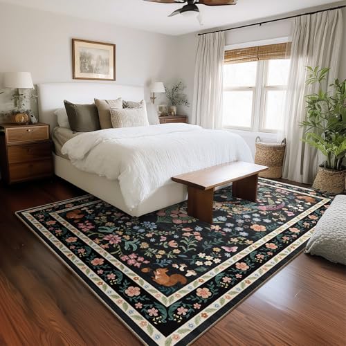 Image of Area Rug Vintage Floral Deer Pattern 6x9 - Bohemian Forest Animal Carpet with Squirrel & Butterfly, Soft Decorative Area Rug for Living Room Bedroom Home Decor