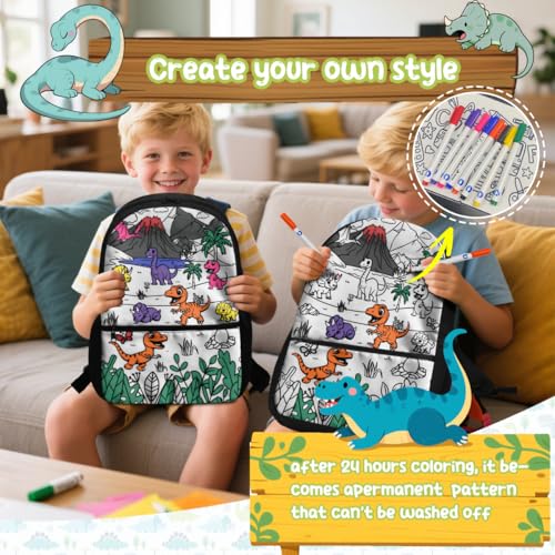 Color Your Own Backpack Coloring Dinosaur Backpack for Boys 8-12 with Markers Personalized Doodle DIY School Bag for Kids 17 inch Art Crafts Bookbag3