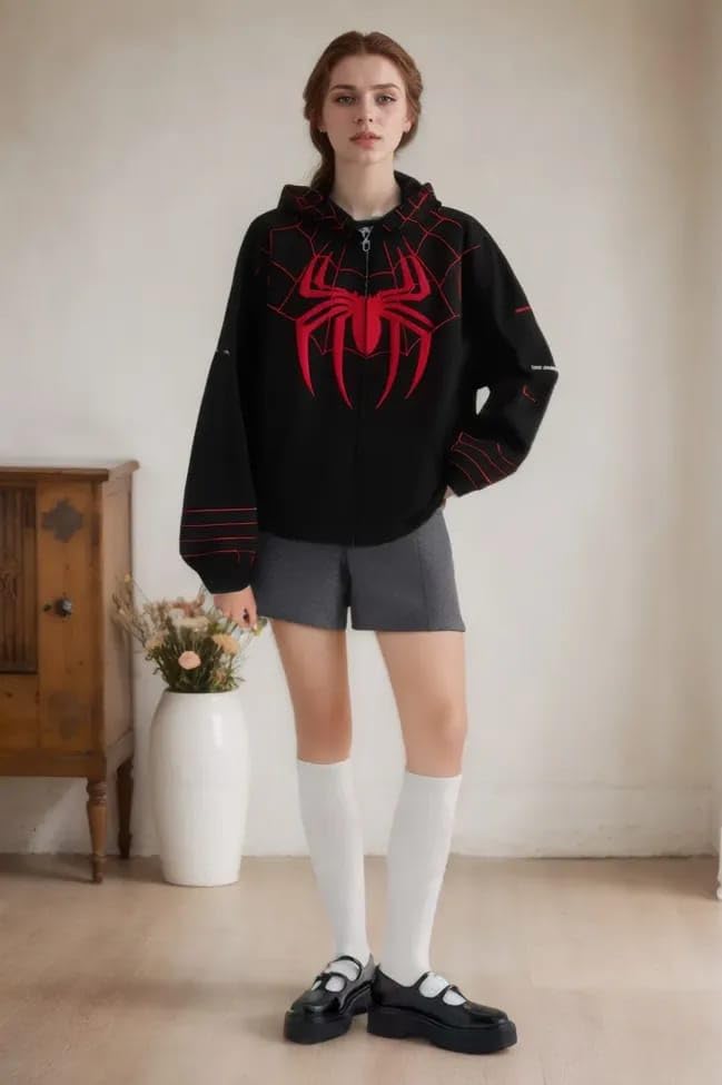 Image of Women's Stylish Graphic Web Pattern Hoodie Jacket with Zip Closure for Casual Wear Bike Riding and Daily Fashion (Size: S) Black