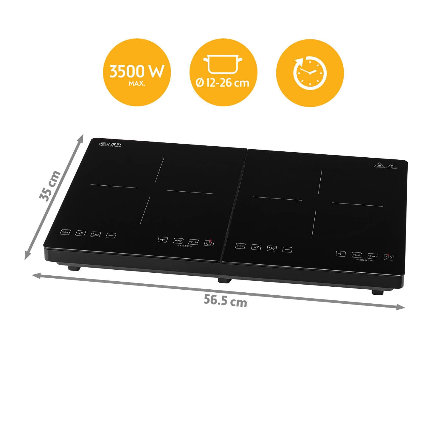 TZS First Austria - Induktionsdoppelkochplatte 3500W - 10 Temperaturstufen - Kristallglas - Digitales Kochfeld mit Touch-Sensor, Timer & Überhitzungsschutz - Ø 260 mm - Schwarz