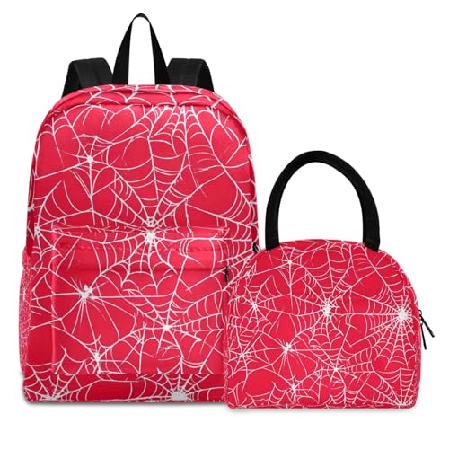 Backpack Lunch Box, Halloween Spiderweb Red School Backpack with Lunch Box, School Backpacks for Youth Travel and Daily Use