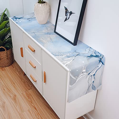 Table Runner 60Inch Long Scarf Modern Abstract Gradient Marble Texture Dresser Scarves Cotton Linen Burlap Table Runners For Kitchen Dining Seasonal Holiday Party Decor Watercolor White And Blue Art #TOP4