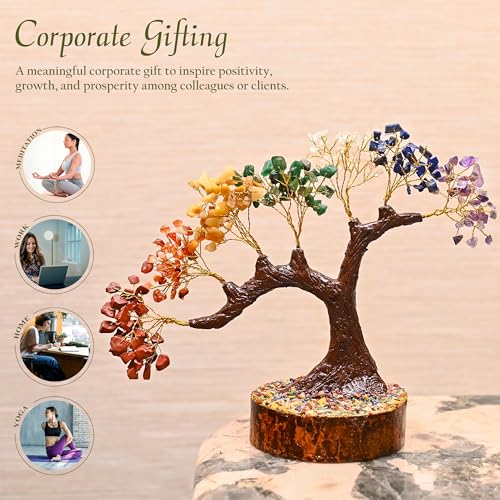 Image of Seven Chakra Crystal Tree for Positive Energy and Home Decor - Handmade Feng Shui Bonsai Tree with Natural Gemstones on Wooden Base - Healing and Meditation