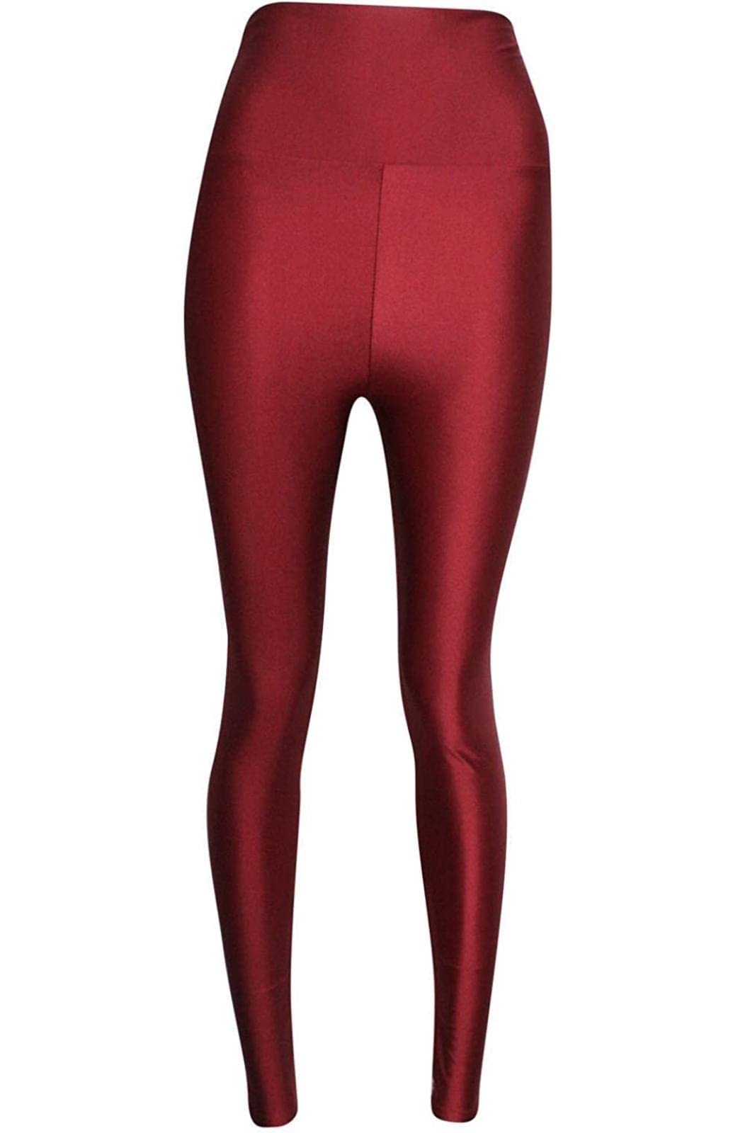JJ CLOTHING Womens High Waist Stretchy Disco Leggings Ladies Shiny Slim Fit Wet Look Tights Pants (Wine, M/L)