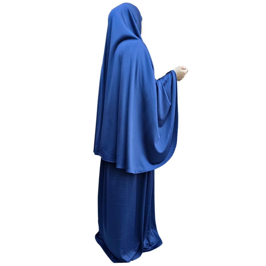 Yaqeen Women's Navy Prayer Set Two Piece (Khimar + Skirt) One Size Pull On Headscarf Stretchy Lycra Ideal Everyday/Home/Work/Travel/Hajj/Umrah/Mosque/Madrassa/Ramadan/Eid/Gift (Navy)