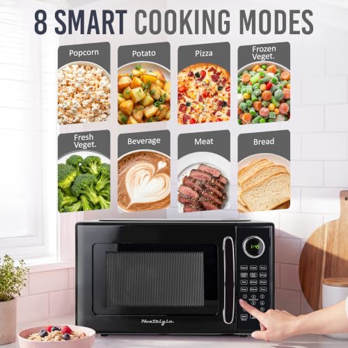 Image of Nostalgia Retro Microwave Oven - 1.1 Cu Ft, 1000-Watt Countertop Size with Glass Turntable, Child Safety Lock, 8 Auto-Cook Programs, Digital Clock - Black
