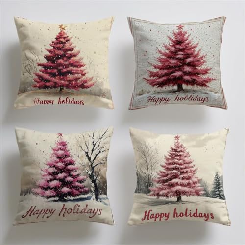 Funda Cojin 40 x 40, Cojines Sofa Exterior Juego de 4, Fundas de Cojines Invierno Árbol de Navidad Terciopelo Fundas Almohada Decorativos, Impresión a Doble, Cojin Exterior Jardin, Home Decor T-116