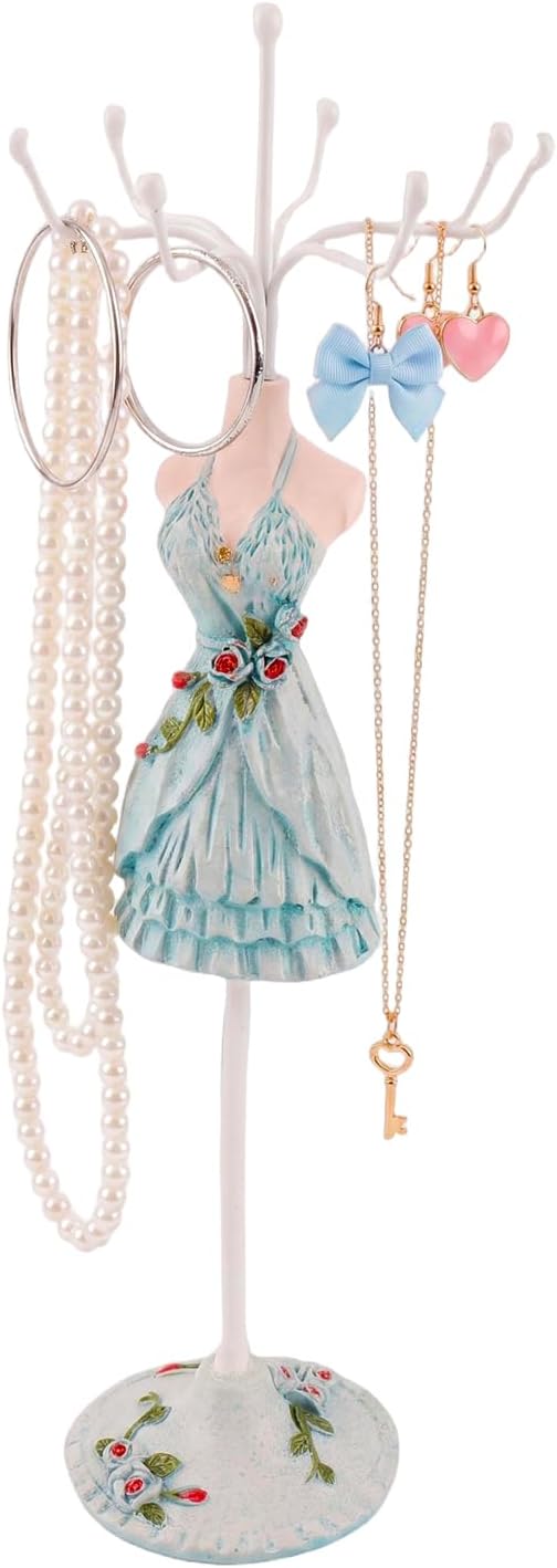 Jewelry Display Stand, 9.8in Blue Wedding Dress Hanging Necklace Earring Rings Organizer, Lady Figure Necklace Stand Polyresin Doll Holder with Rotatable Bracket(Style 4)