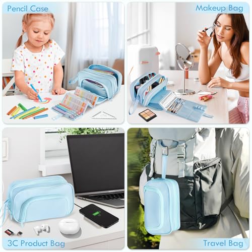Image of Large Capacity Pencil Case with Pull-out Structure - Multifunctional Extra Big Pencil Pouch Pen bag, Portable Stationery Organizer with Zipper, Office School Supplies for Teen Boys Girls, Blue