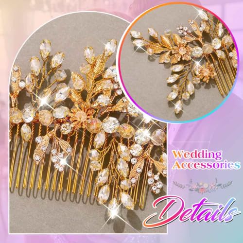 Image of Evild Rhinestone Wedding Hair Comb Leaf Bead Bride Headpieces Hair Clip Crystal Bridal Headdress Flower Wedding Hair Accessories for Brides and Bridesmaids (Gold)