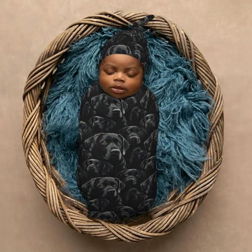 Image of Black Labrador Lab Dog Newborn Swaddle Blankets Hat Sets Soft Baby Receiving Blanket Swaddle for Baby Shower Infant Boy Girl Gift