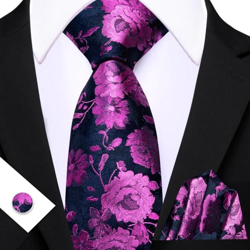 Image of Barry.Wang Flower Ties for Men Silk Woven Floral Tie Sets Necktie Handkerchief Cufflinks Wedding Party