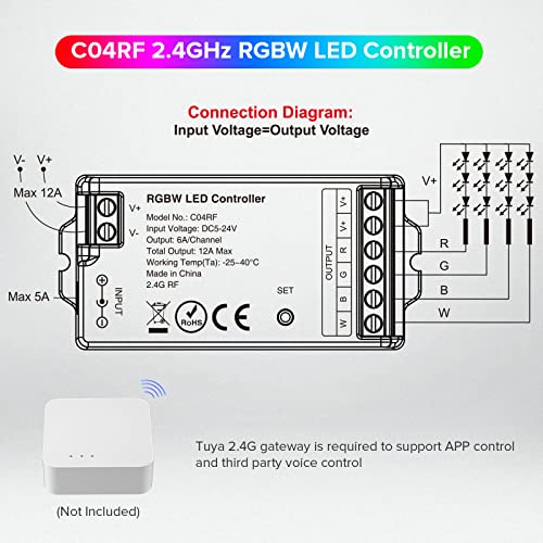 Image of SEZO C04RF 2.4GHz RGBW LED Controller Multiple Color Modes Controlled by RC03RFB RF Remote /Tuya 2.4GHz Gateway for 5050 FCOB RGBW LED Strip DC5-24V Max 12A (Remote /Gateway Not Included)