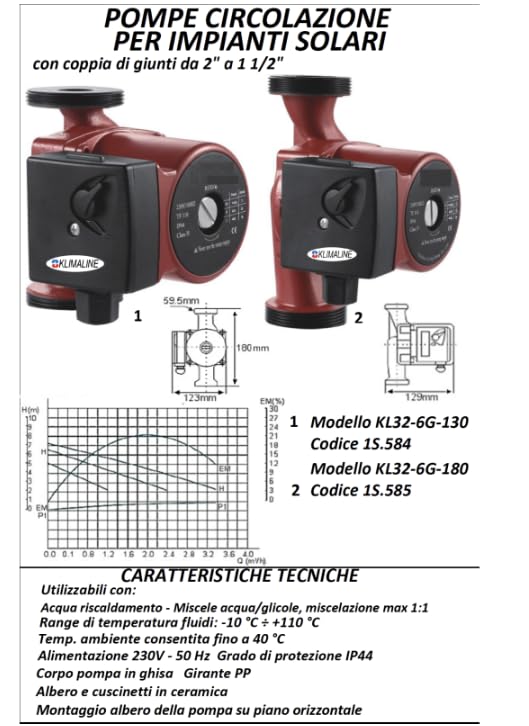 CIRCOLATORE POMPA DI CIRCOLAZIONE/RISCALDAMENTO POMPA CALDAIA 46/67/100W CON COPPIA DI GIUNTI cod. 1S.584 modello 32-60/130 PER IMPIANTI SOLARI E DI RISCALDAMENTO