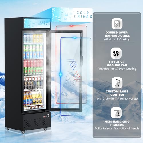 Image of Commercial Display Refrigerator Glass Door 11 cu.ft Commercial Beverage Refrigerators with LED and Shelves for Cafe, Restaurant, Store