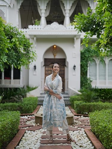 Image of INDO ERA Women's Silk Blend Kurta and Pant with Dupatta Set