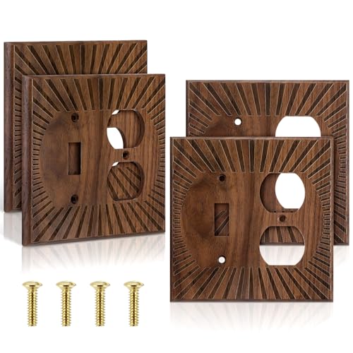 DoubleFill 4 cubiertas de interruptor de madera de nogal, color marrón, placa de pared decorativa, placa de enchufe bohemia, vintage, rústico, contemporáneo, decoración del hogar (14 x 14,2 cm, 1