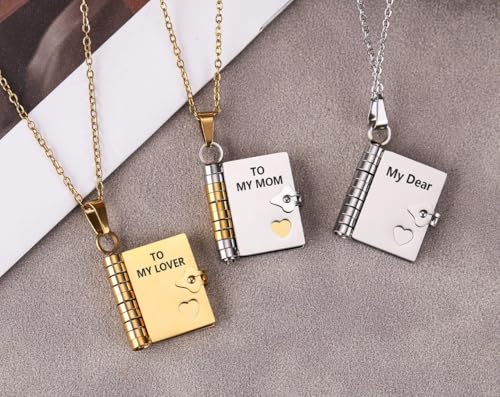 Image of Personalized Story Book Pendant Necklace, Stainless Steel Customizable Locket with Chain, Heart Charm Design, 18.5mm BookPendant, 45cm Chain Length, Gift for Women and Girls