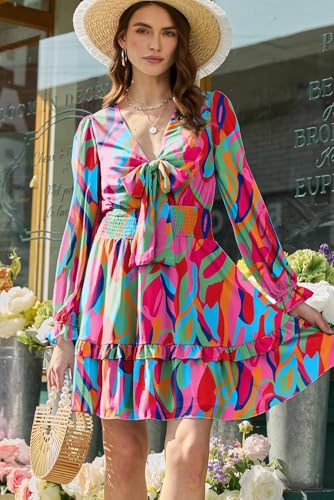 Image of Dokotoo Womens Casual Spring Fall 2025 Deep V Neck Knotted Tiered Chiffon Elegant Mini Short Swing Skater Dresses