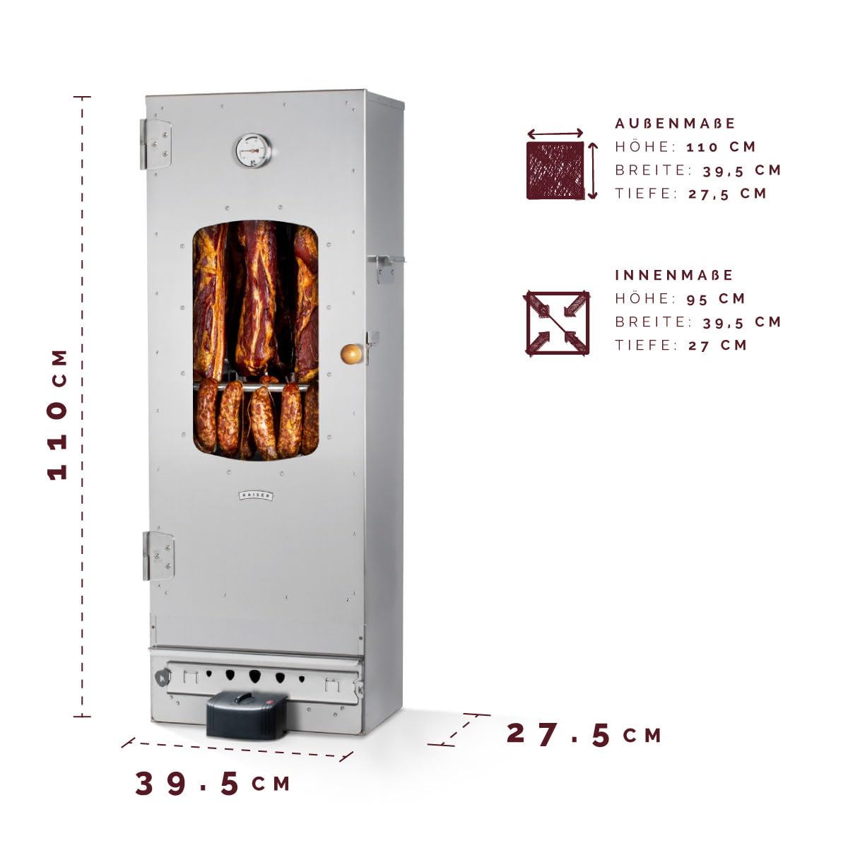 KAISER COMPANY '100' Hochwertiger Elektrischer Räucherofen/Räucherschrank aus Edelstahl I Tragbarer Smoker 110 cm I Passen bis zu 15kg Fleisch I 2000W I mit Zubehör I NICHTROSTEND