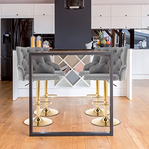 Bar Stool Set Of 2 Gray Velvet Adjustable With Tufted Backrest, Counter Height Swivel Chairs Upholstered Modern Barstool Golden Base For Kitchen Island, Home Bar, Dining Room,Pub,Club #TOP5