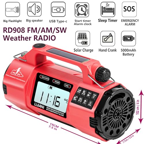 Image of Hand Crank Emergency FM /AM /SW Weather Radio NOAA Alert, USB-C Solar Power, Bright Flashlight with Cell Phone Charger, Timer Clock for Home & Outdoor Hurricane Storm Survival kit