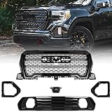VLINCAR Grille Set 5pcs Compatible with GMC Sierra 1500 AT4/Denali 2019 2020 2021 Front Upper Grill + Front Lower Bumper Filler + Fog Light Bezels + Camera Bracket (Gloss Black)
