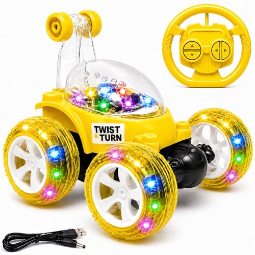 Image of Rechargeable 360 Stunt Remote Control Car for Kids with LED Lights, USB Charging, Anti-Skid Rubber Tires, 4WD RC Toy Car Indoor Outdoor Toy Gift for Boys Girls Age 3 4 5 6 7+ Years 9802Yellow