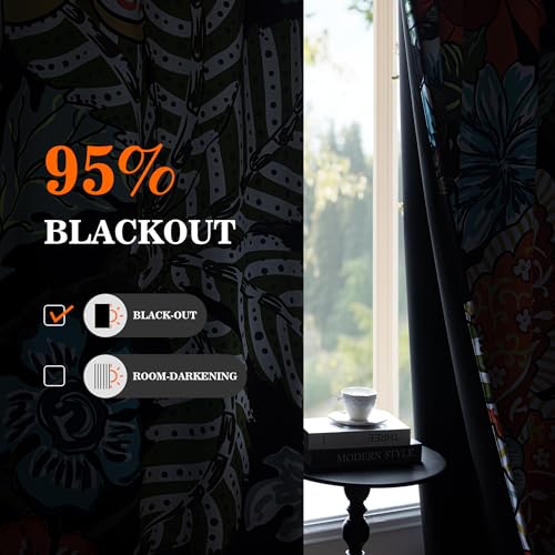 Image of MYSKY HOME Black Boho Floral Blackout Curtains 95 inch 2 Panels Set for Living Room Dining Room Thermal Insulated Room Darkening Energy Saving with Patterned Flower Design Grommet Drapes, 52 inch Wide