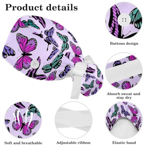 Image of Colored Butterflies Scrub Caps Women Ponytail, Adjustable Bouffant Surgical Caps with Button, Nurse Hats Long Hair