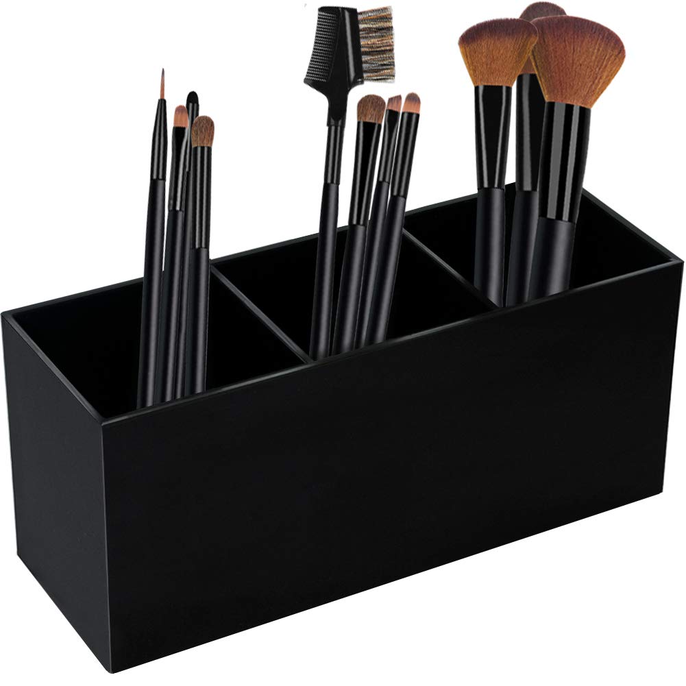 Tasybox Makeup Brush Holder Organizer, 3 Slot Cosmetic Brushes Storage, Eyeliners Eyebrow Pencil Black Display Case