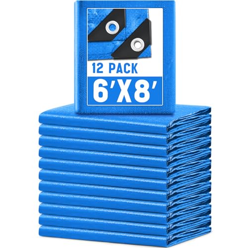 GliCraft 12 Pack 6 x 8 ft 5.5 Mil Large Tarps Heavy Duty Waterproof Tarp Multi Purpose Tent Cover for Home Boats Cars Camping Patio Furniture Roof Emergency Rain Protective Cover, Blue