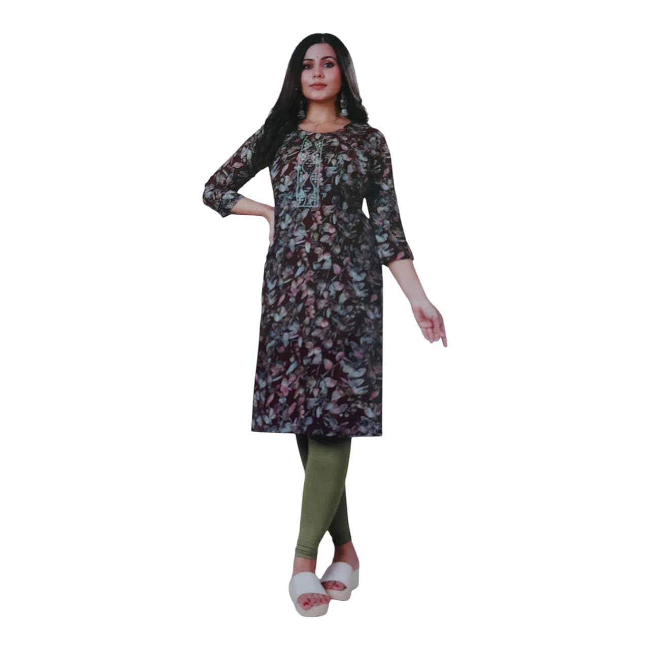 Women's Floral Print Kaftan Dress, 3/4 Sleeve, Navy Blue with Mint Leaf Pattern, Kurti Top for Woman-image-33