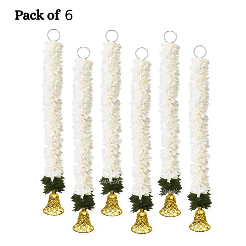 Image of Divyakosh Garlands for Home Decoration, Gajra Hangings (Pack of 6 Latkan, Size 14 Inch Each) | Offwhite Fabric Jasmine Flower with Golden Bell | Flower Garlands for Home Decoration |