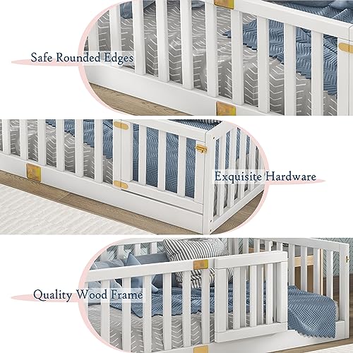 تاتوب سرير ارضي مزدوج مع حواجز حماية وباب امان، سرير مونتيسوري ارضي للاطفال، اطار سرير خشبي للاطفال، يمكن تركيب الباب على اليسار واليمين، مقاس مزدوج - ابيض