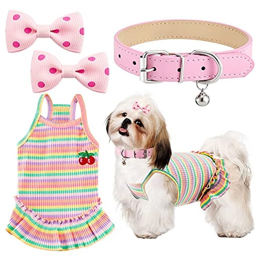Set de 4 Vestidos de Perro Vestido de Raya de Color con Cuello Pinza de Lazo de Pelo de Lunar Rosa Vestido Estampado de Cereza Ropa Falda de Primavera Verano Chaleco Vestido sin Manga (M)